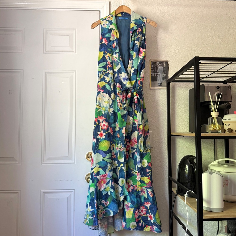 J. MCLAUGHLIN navy multicolor tropical floral linen sleeveless maxi wrap dress